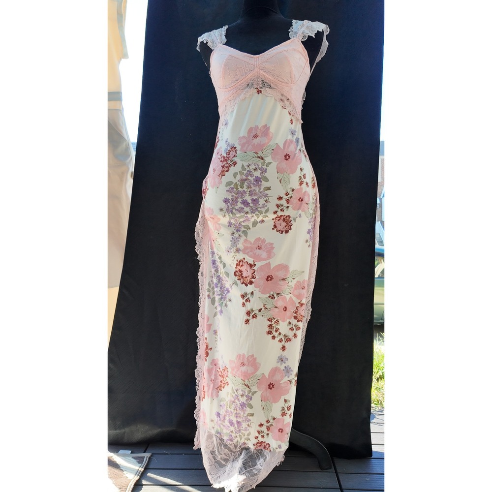 Floral Lace Trim Maxi Nightgown Pink Cream Sweetheart Neck Open Back Large